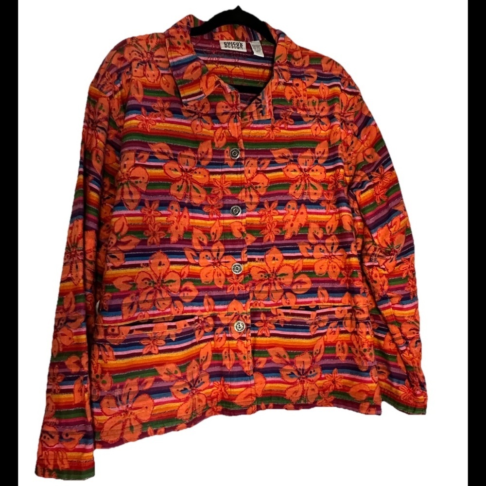 CHICOS Women’s Cotton Embroidered Orange Print Colorful Button-Up Jacket Sz 16